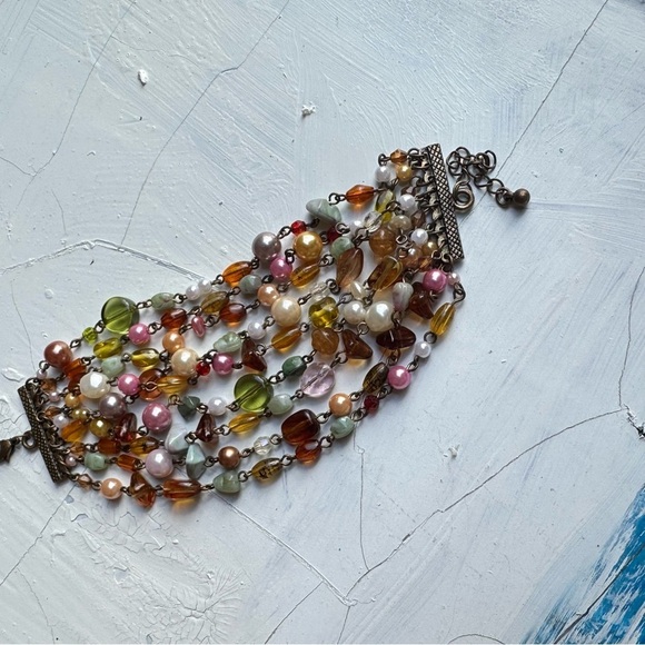 Bracelet 9 Strand Beaded Pink and Green Multi Strand Adjustable Chain Links 0775 - Picture 5 of 10